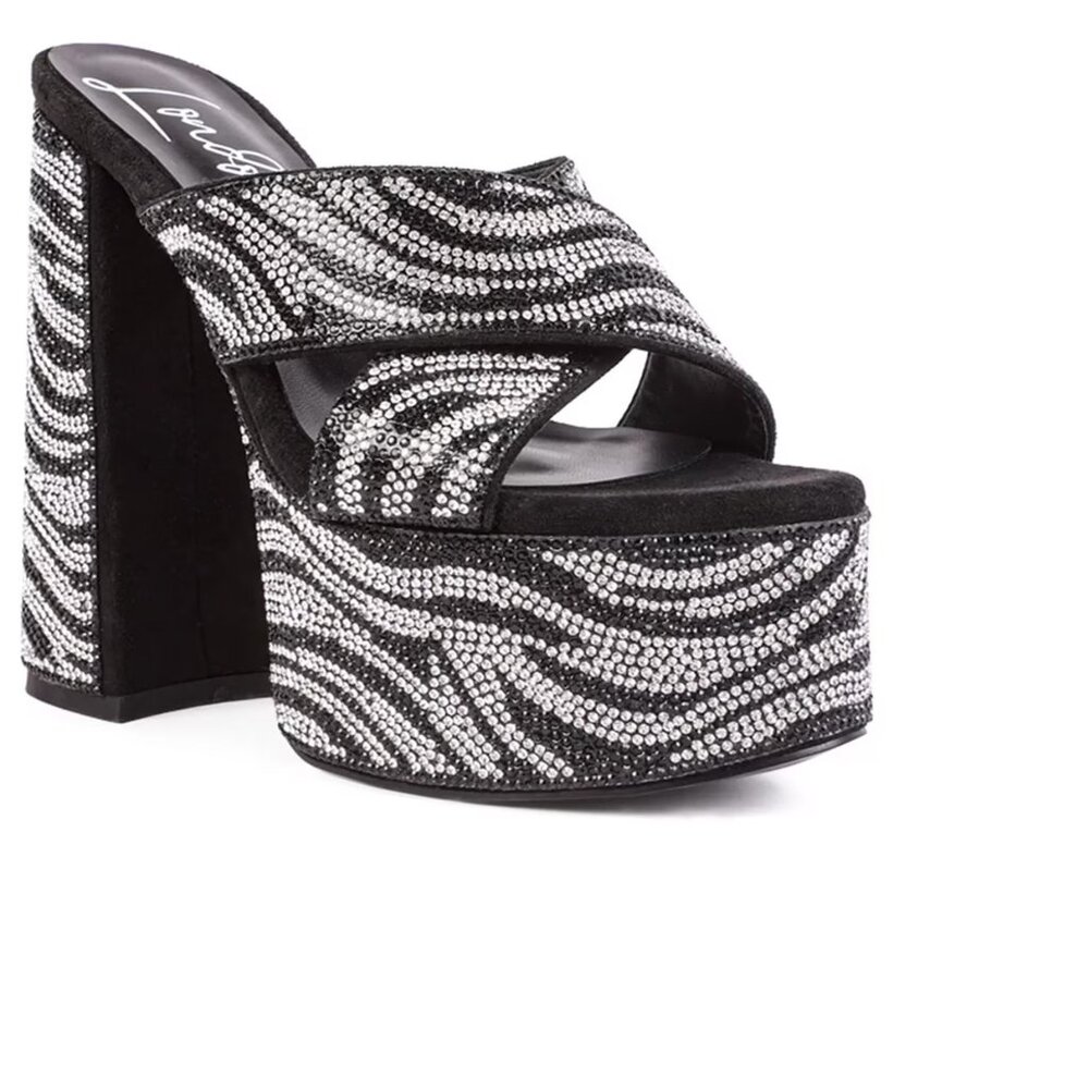 LONDON RAG Sinful High Zebra Platform Patterned Diamante Slides sandals Sz 10